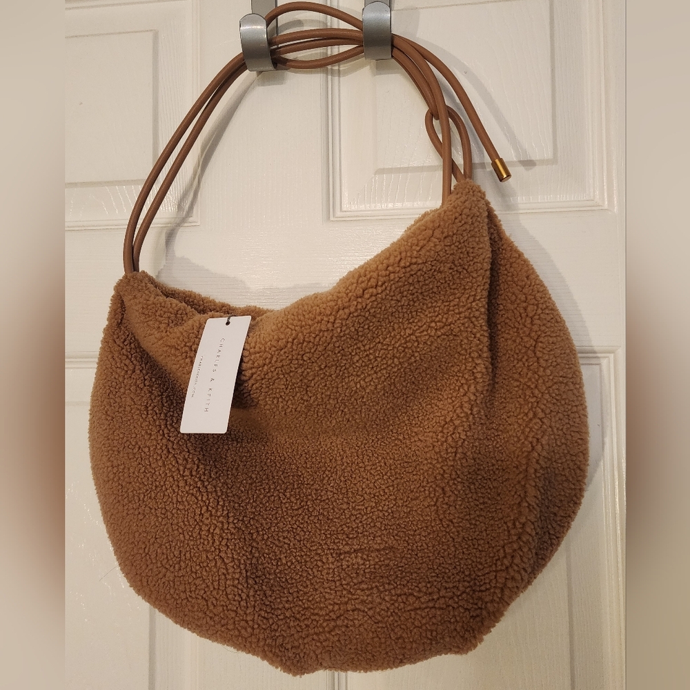 Charles & Keith Knotted Handle Textured Hobo Bag Sherpa Camel